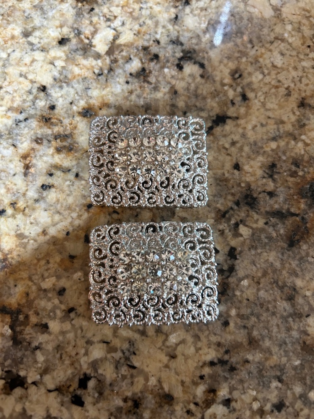 Tip Toe vintage, rectangular, silver filigree shoe clips clear rhinestones, - Picture 2 of 10